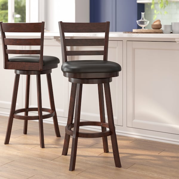 Flash Furniture Zerrick Commercial Wood Classic Ladderback Swivel Barstool w/Black LeatherSoft Seat, Espresso ES-UN3-29-ESP-GG - main
